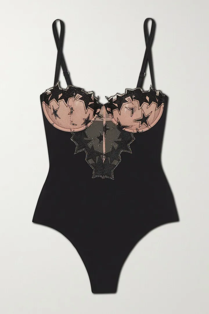 Fleur du Mal - Super Star Embroidered Tulle And Stretch-jersey Thong Bodysuit - Black