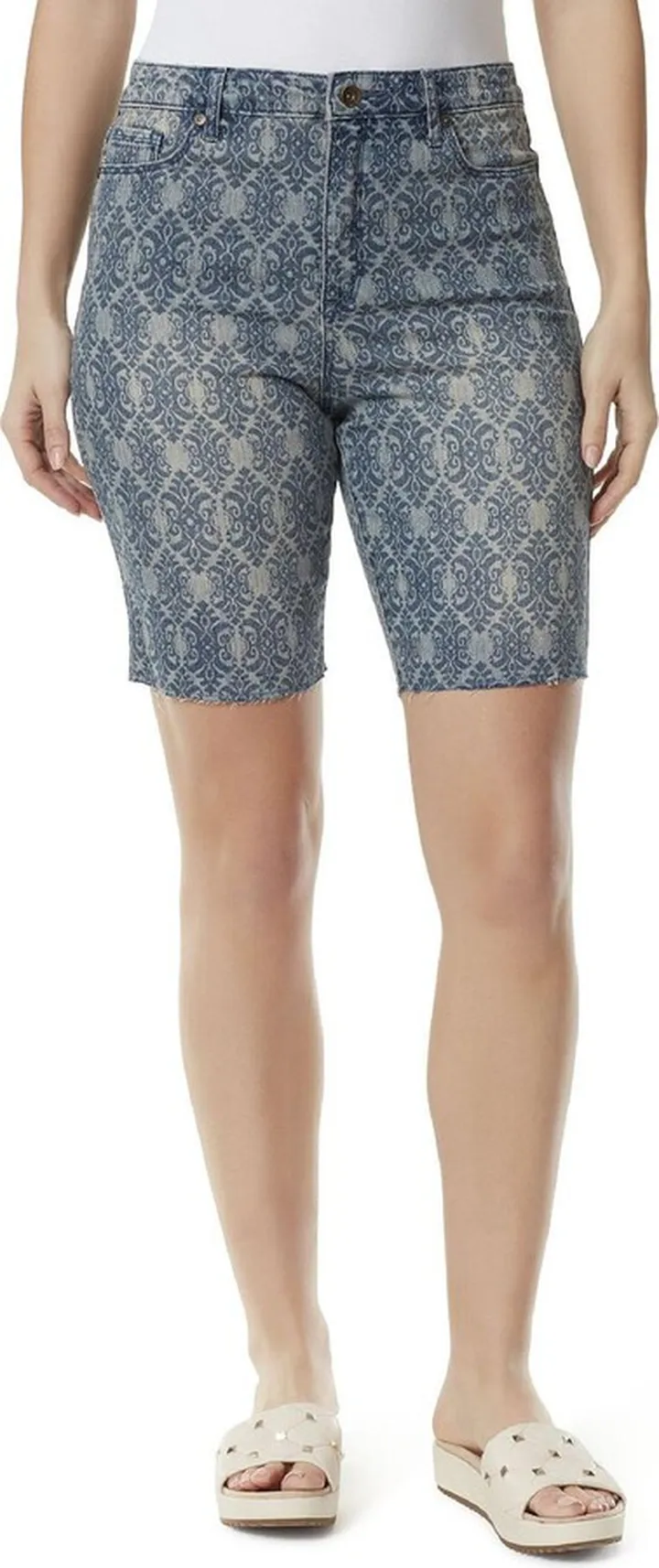 Womens Printed Frayed Hem Bermuda Shorts