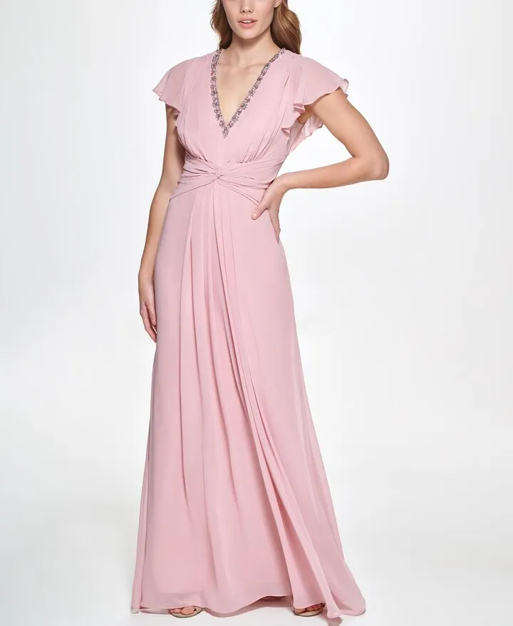 Flutter Sleeve V-neck Twist Waist Gown