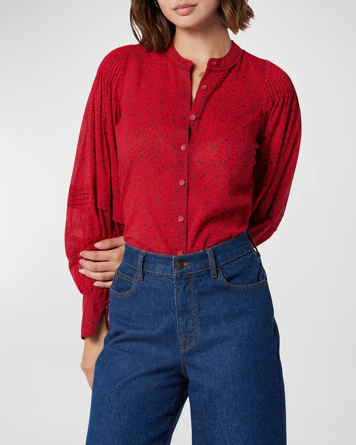 Ivry Pleated-Shoulder Puff-Sleeve Top