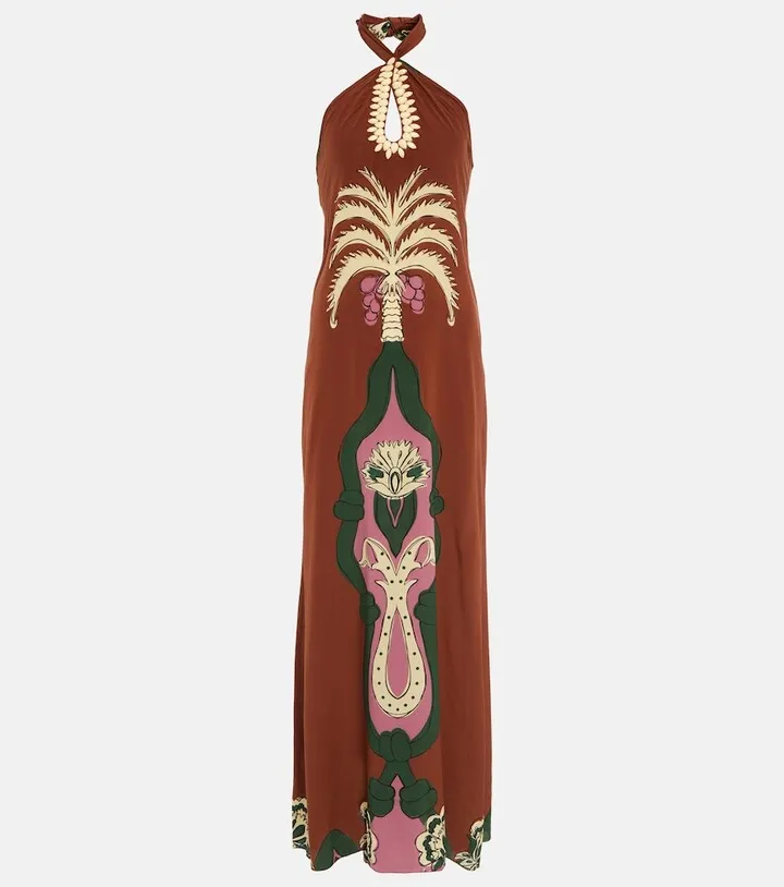 Embroidered crepe de chine maxi dress