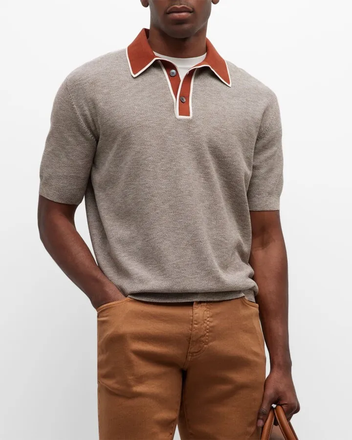 Men's Bicolor Cotton-Silk Polo Shirt