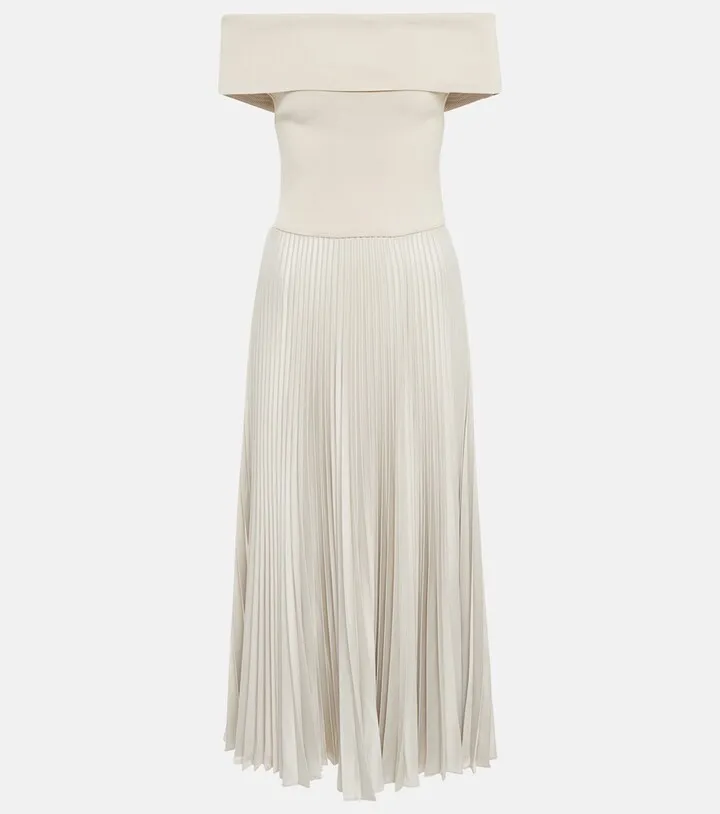Off-the-shoulder pleated midi dress