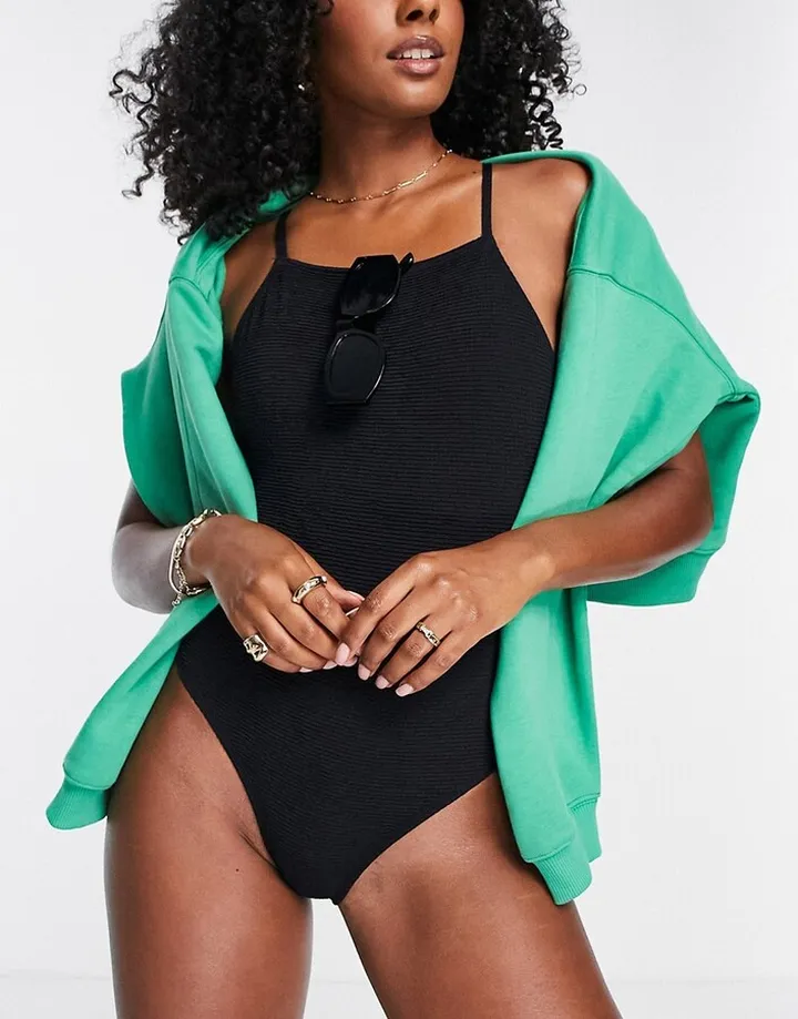 Topshop crinkle square neck high leg swimsuit in black