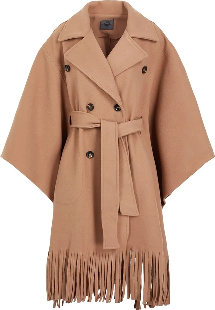 Belted Fringe Cape Coat Capes & Ponchos Camel