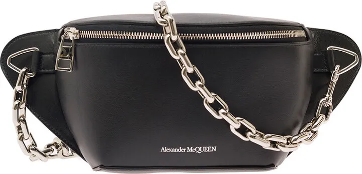 Black Belt Bag With Embossed Logo And Chain Belt In Leather Man