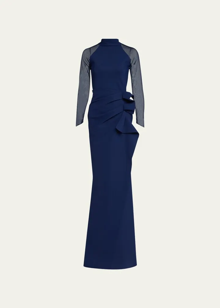 Maygu Illusion-Sleeve Ruffle Trumpet Gown