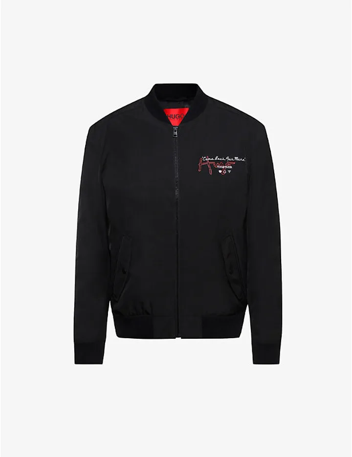 Mens Black Snake-and-logo-print Recycled Polyester-blend Bomber Jacket