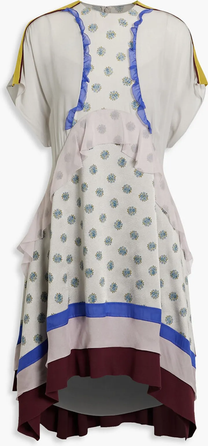 Silk chiffon-paneled floral-print textured-crepe dress