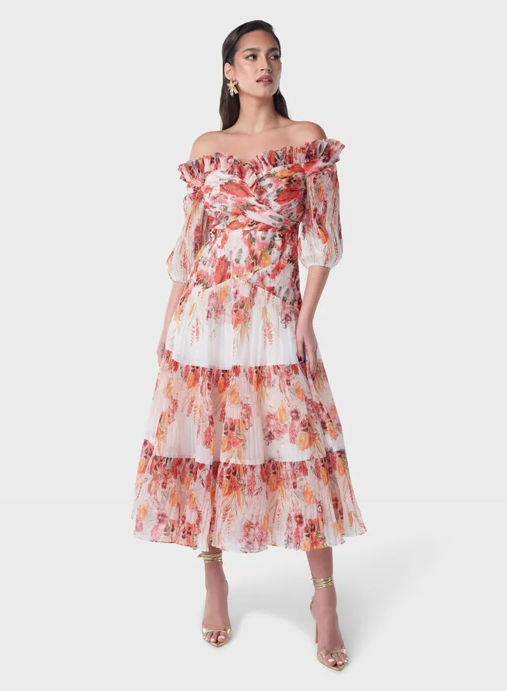 Off Shoulder Semi Pleated Dress
