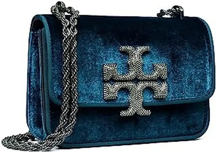 Tory Burch Eleanor Velvet Pave Logo Small Convertible Shoulder Bag (Teal Night) Handbags