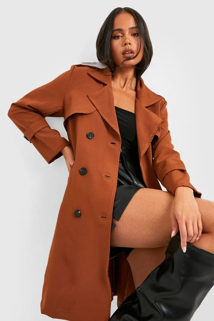 Petite Button Detail Belted Trench Coat