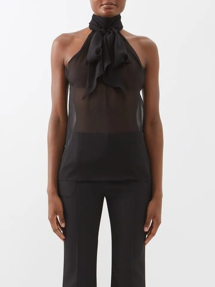 Halterneck-tie Silk-crepe Top