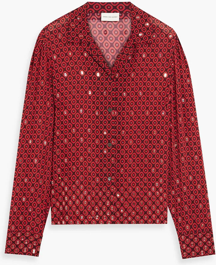 Embellished printed crepe de chine blouse