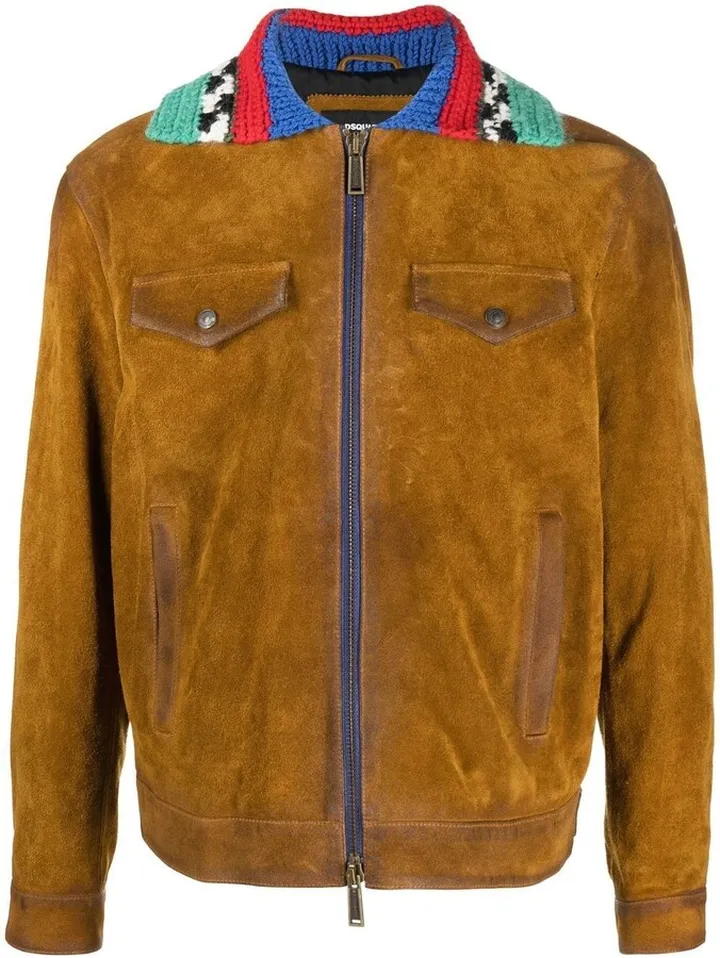Knitted-Collar Suede Jacket