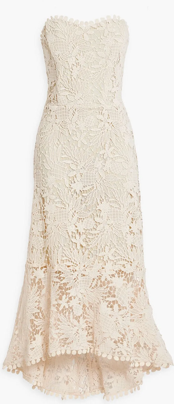 Strapless asymmetric cotton guipure lace midi dress