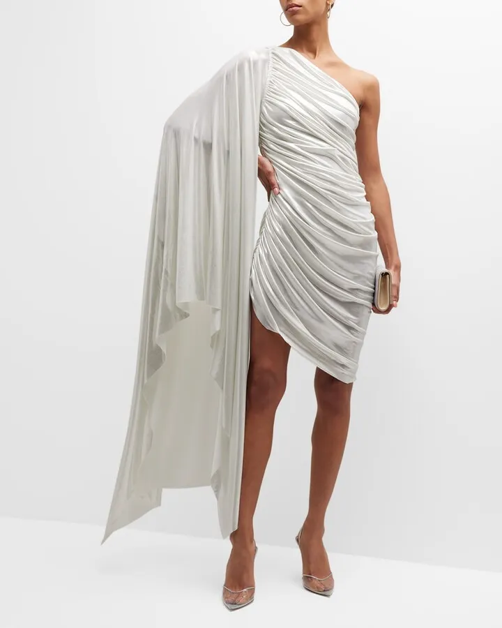 Diana Shirred Lamé Cape-Sleeve Mini Dress