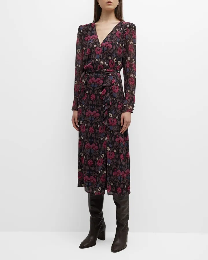 Ledara Floral Long Sleeve Belted Midi Dress