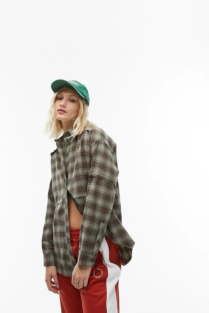 Topshop long sleeve raw seems plaid shirt in green