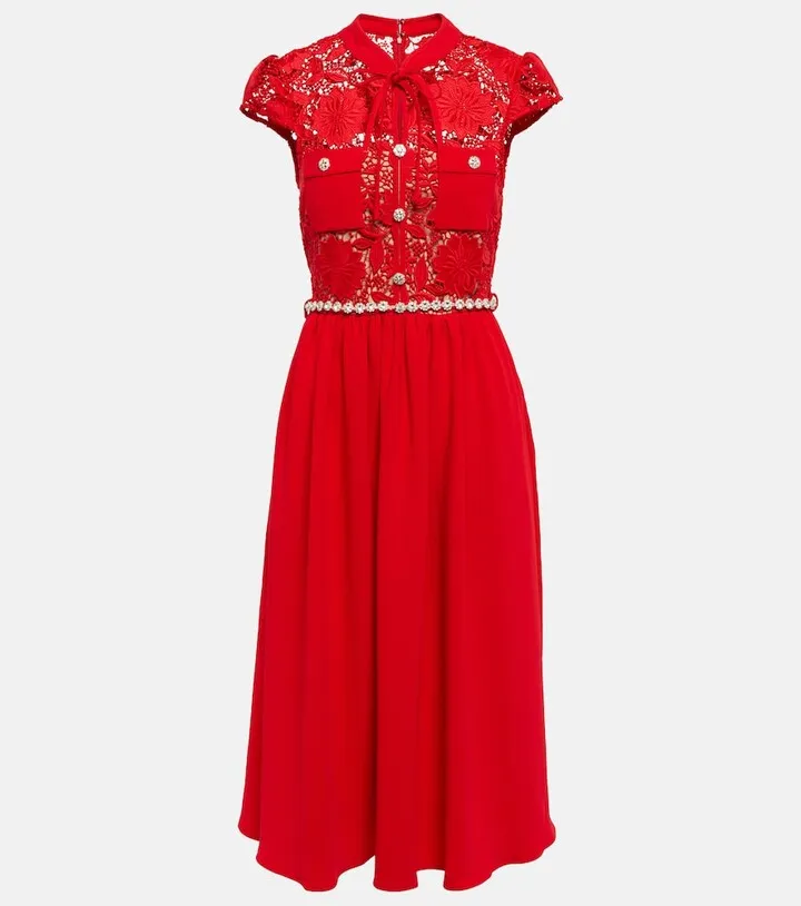 Lace-trimmed crepe midi dress