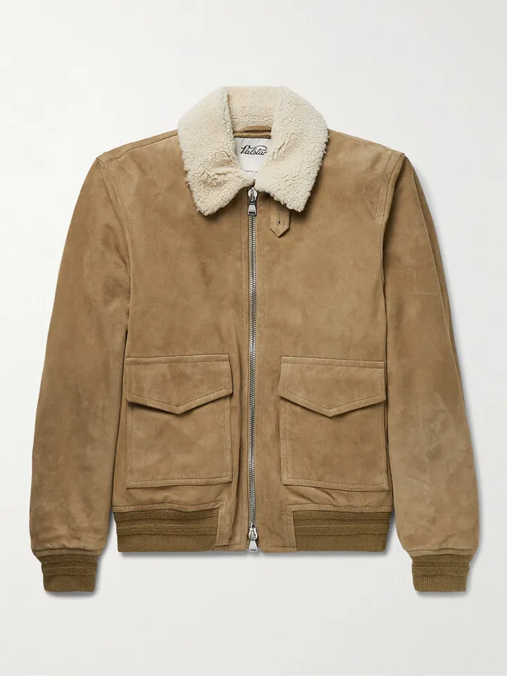 Shearling-Trimmed Suede Bomber Jacket