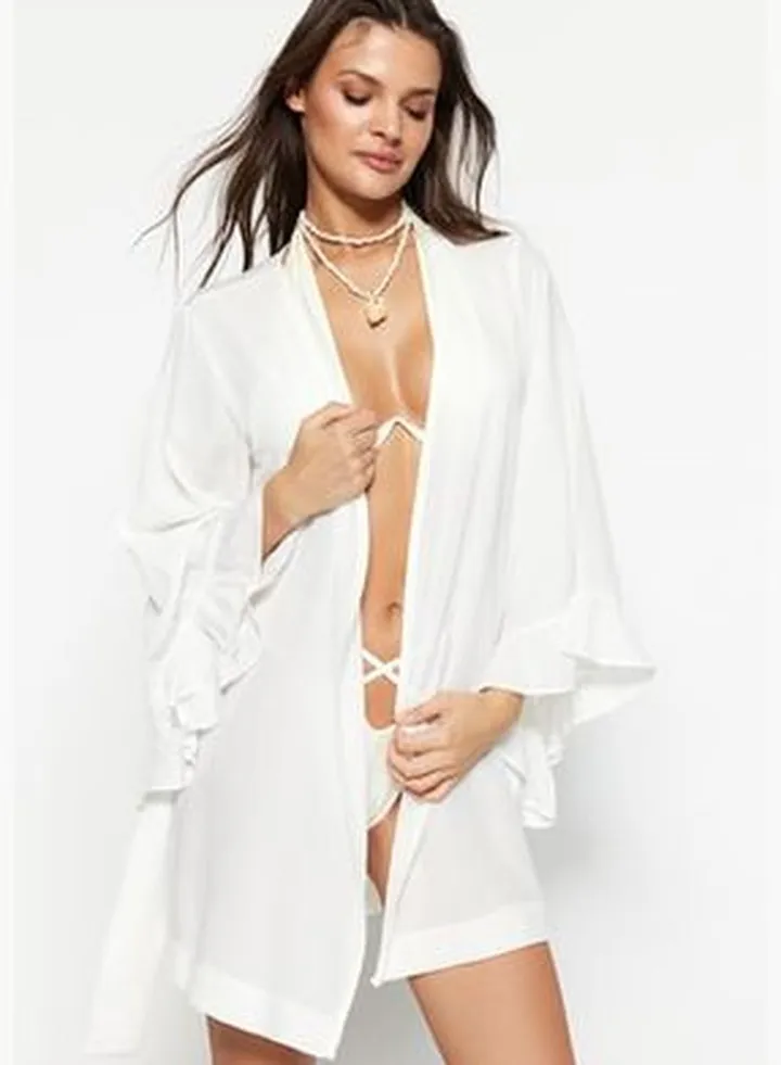 Ecru Belted Mini Woven Flywheel Kimono & Kaftan