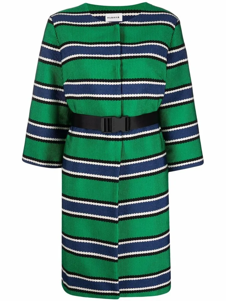 Belted-Waist Striped Coat