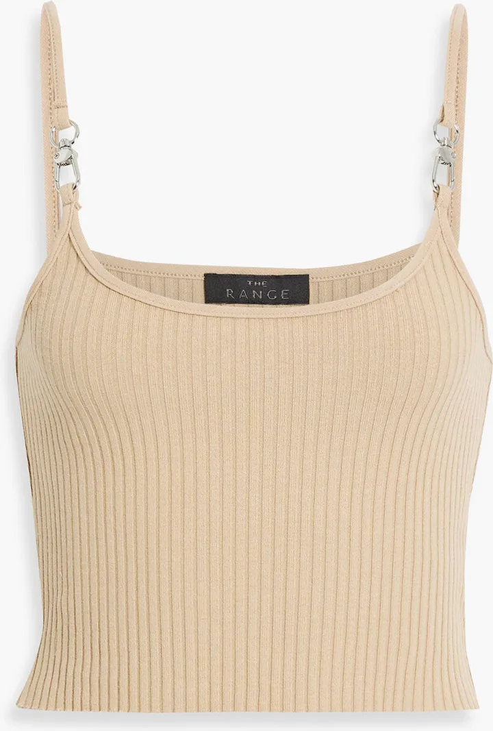 Cropped buckle-detailed ribbed cotton-blend tank