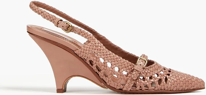 Basketweave leather slingback pumps