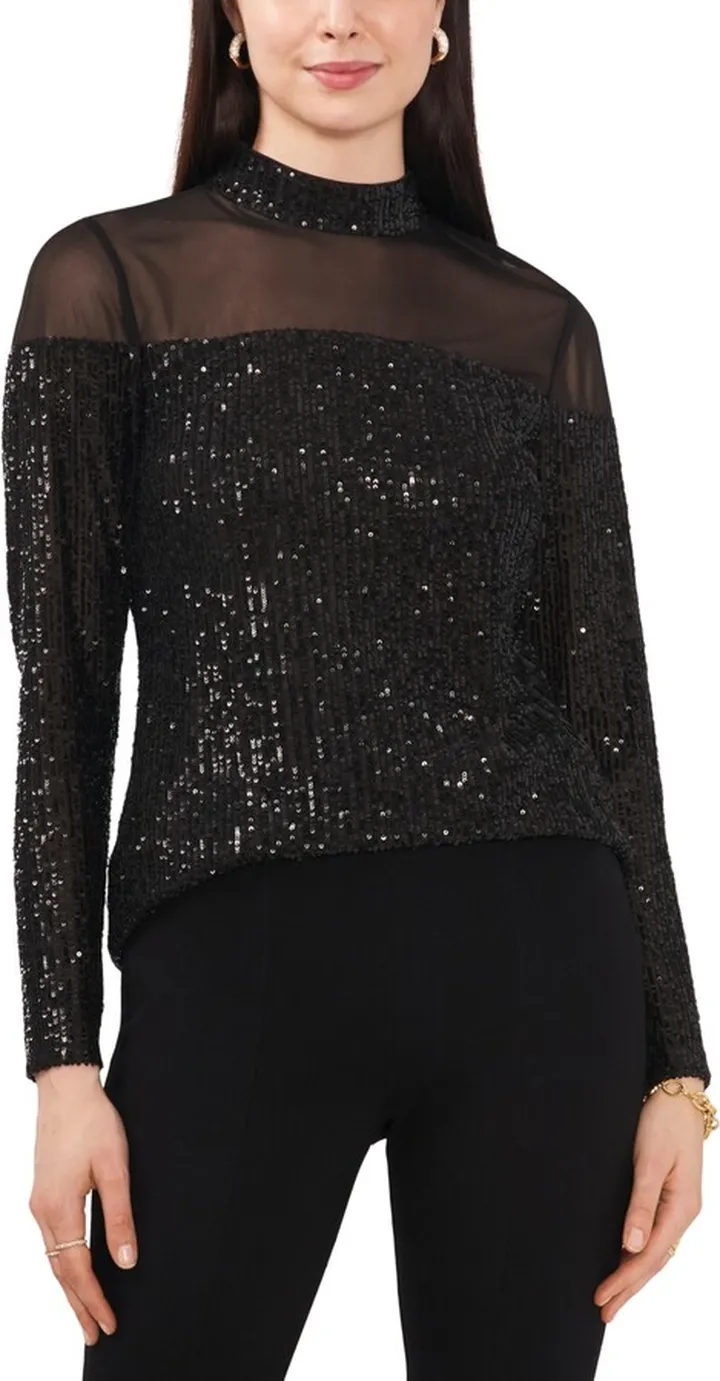 Msk Women's Sequin Illusion Long-Sleeve Turtleneck Top