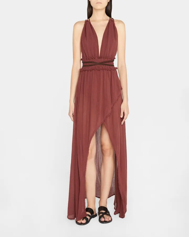 Alak Plunging V-Neck Maxi Dress with Calf Leather Accents