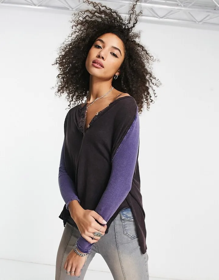 Free People Grand Slam color block henley top in black