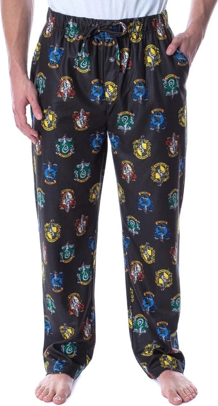 Harry Potter Adult Men's Hogwarts 4 House Crests Loungewear Pajama Pants (MD) Black