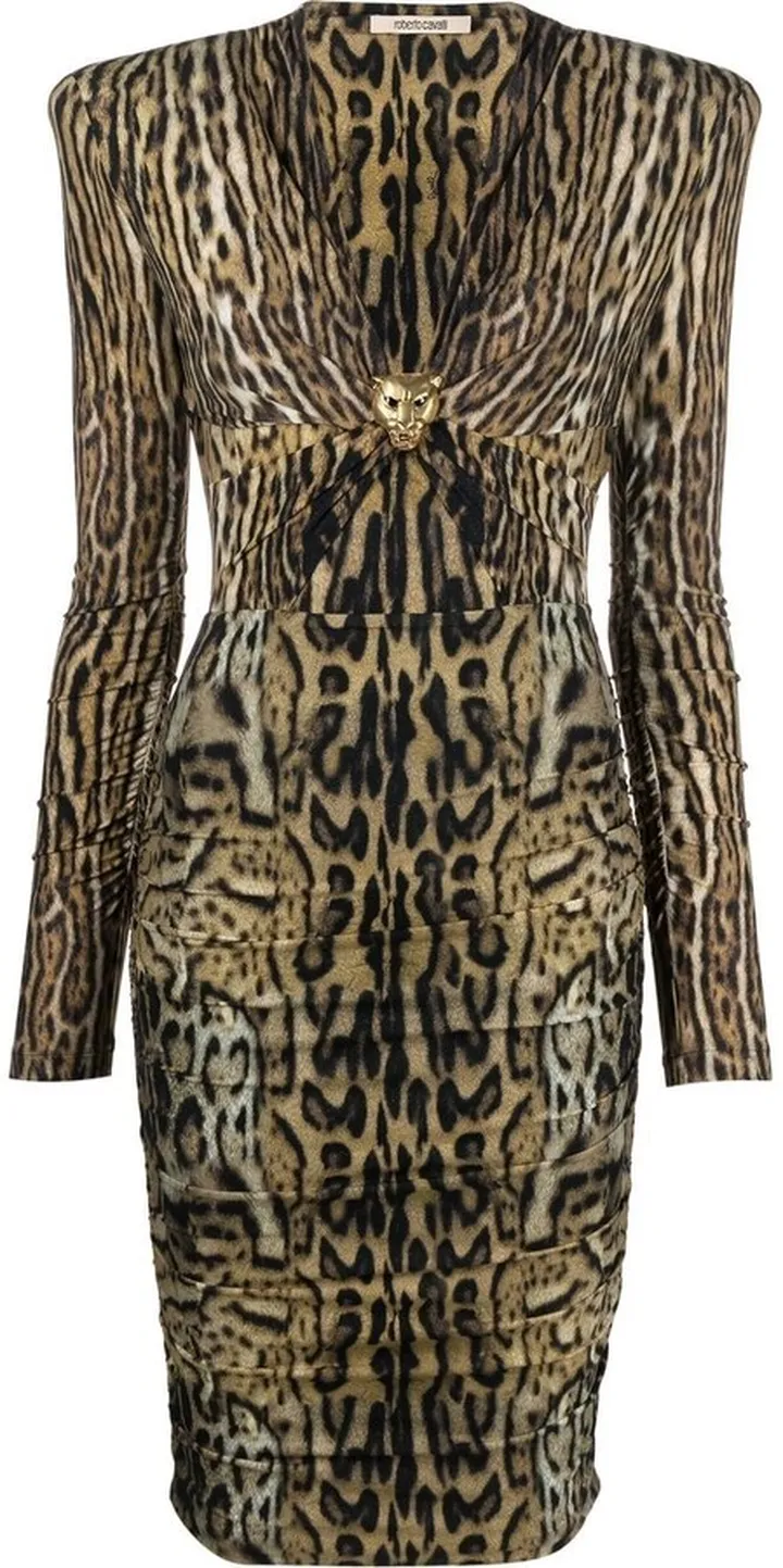 Jaguar print V-neck long-sleeve dress