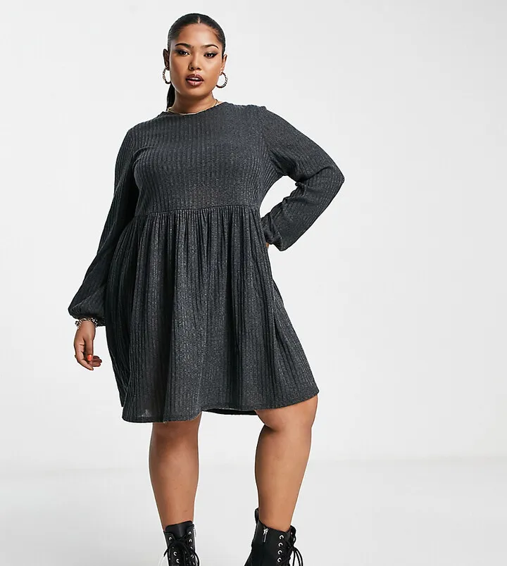 Simply Be ribbed smock mini dress in gray