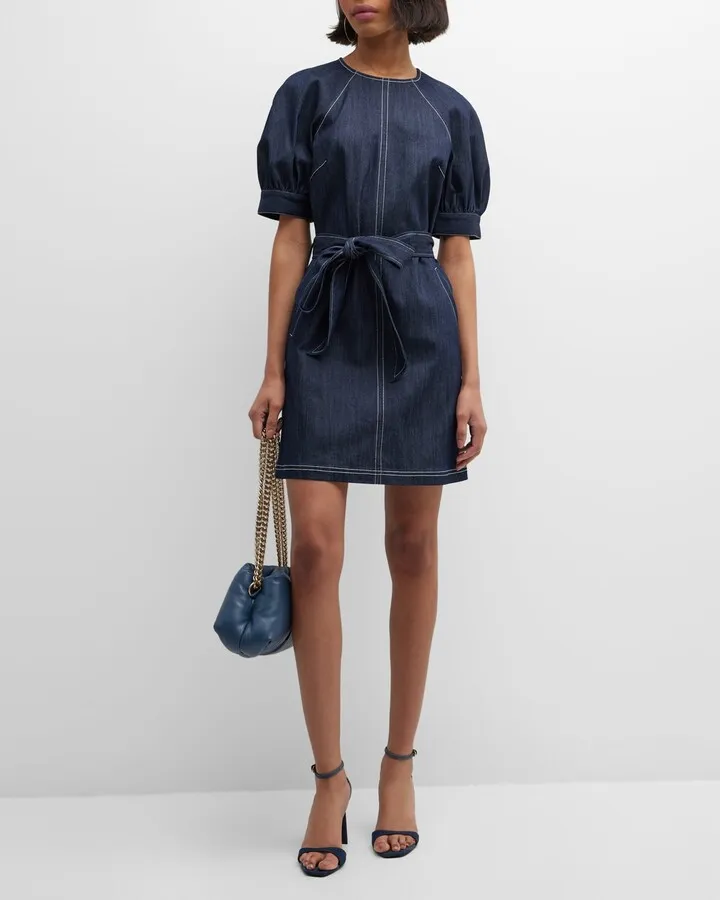 Abby Short-Sleeve Tie-Belt Denim Mini Dress