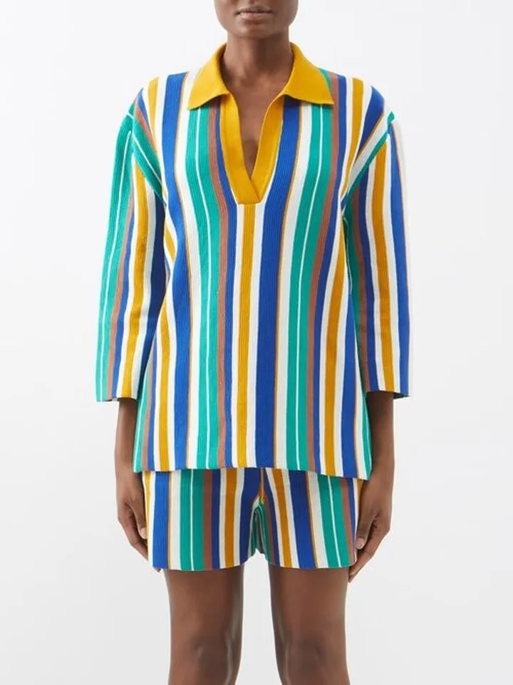 Bay Striped Ribbed-cotton Polo Top