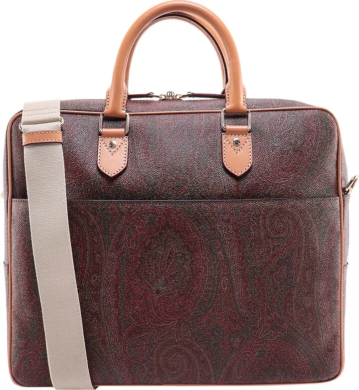 Coated canvas and leather briefcase with paisley motif