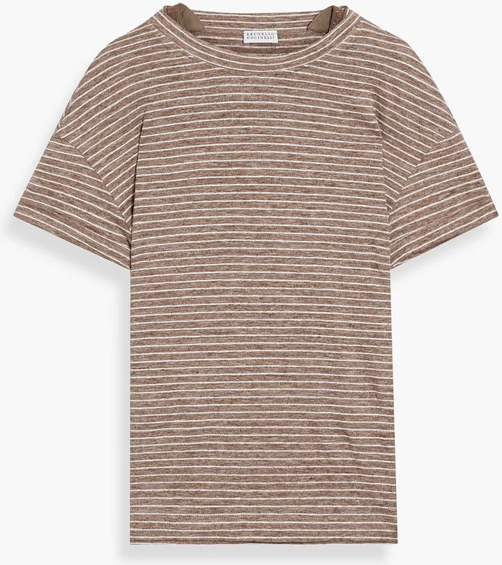 Bead-embellished striped linen-blend jersey T-shirt