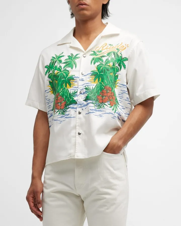 Men's Canvas Tropical Beach-Print Camp Shirt