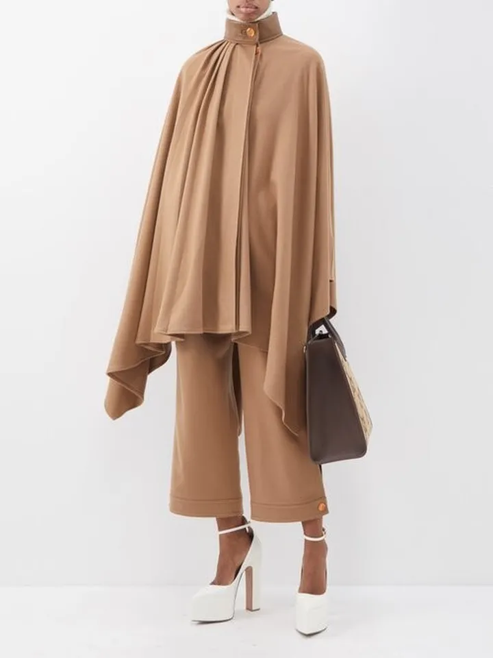 Asymmetric Leather-trim Wool Cape