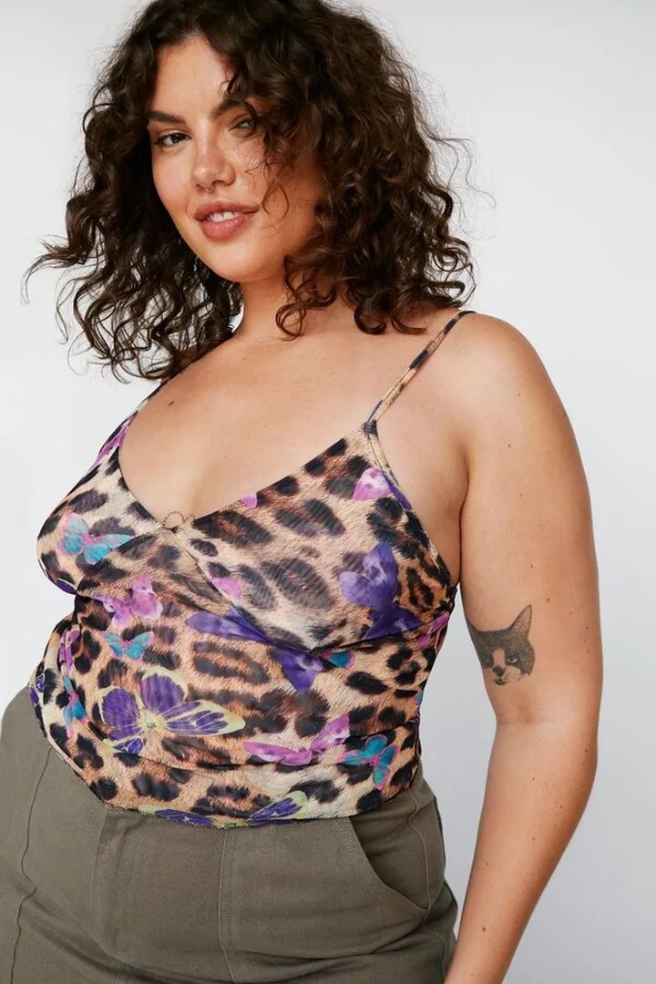 Nasty Gal Womens Plus Size Butterfly Leopard Print Mesh Cami Top