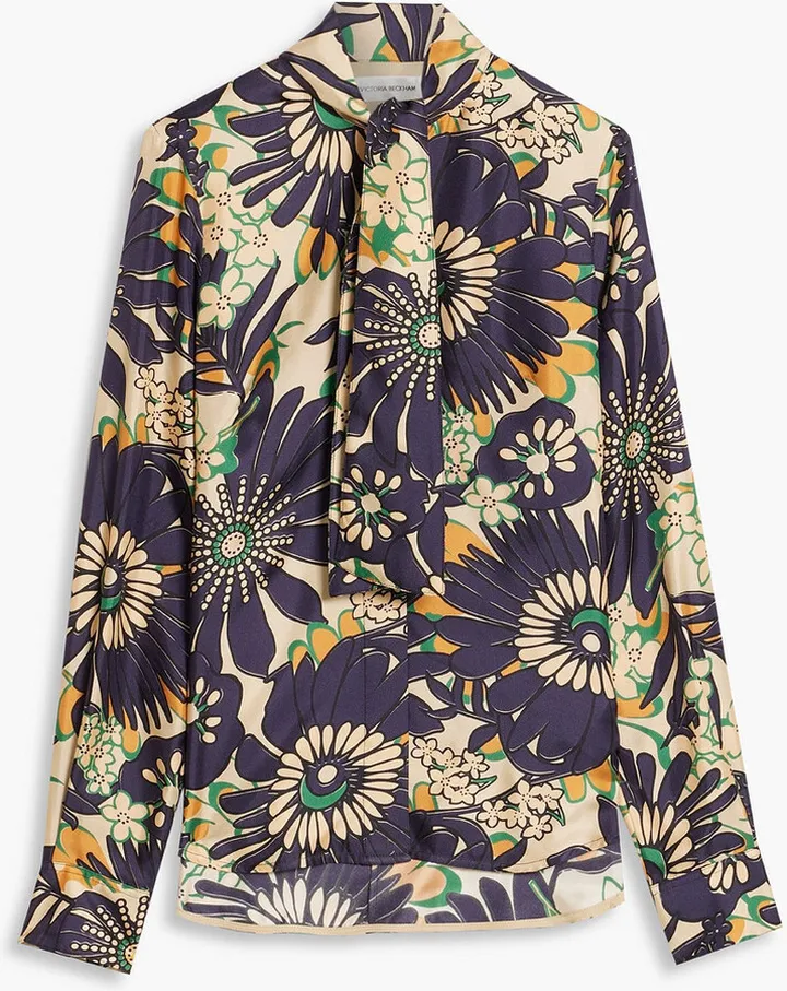 Tie-neck printed silk-twill blouse