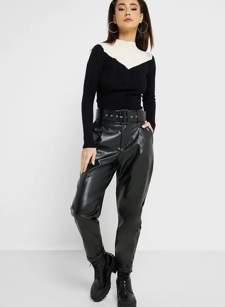 Belted Plicated Pu Leather Pants