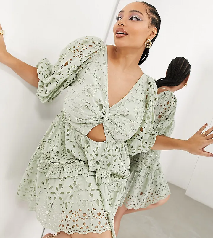 ASOS EDITION Curve broderie twist front mini dress with puff sleeve in sage green