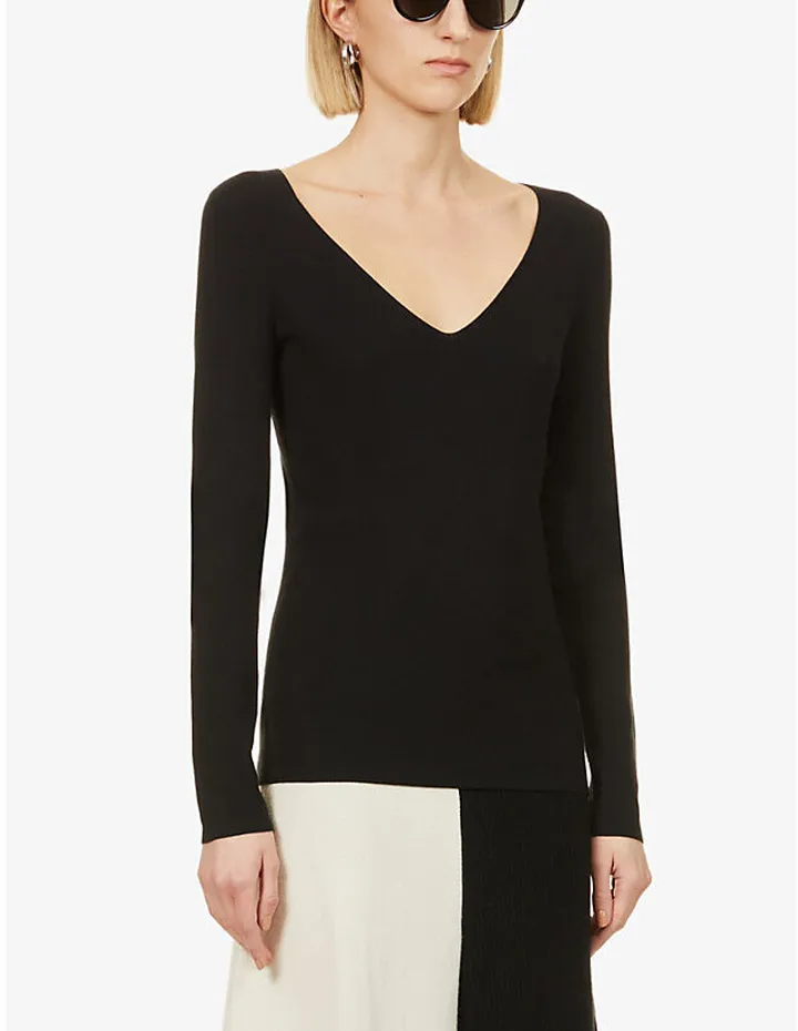 Womens Black V-neck Silk-blend Jumper