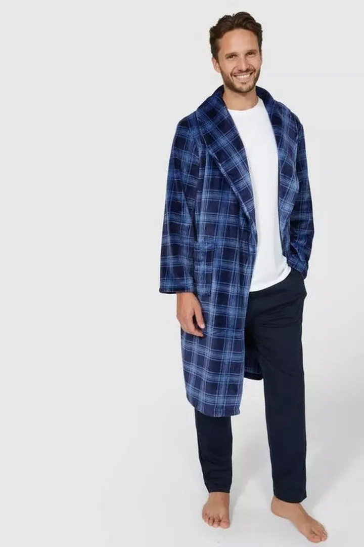 Debenhams Mens Checked Fleece Shawl Collar Bathrobe - Blue