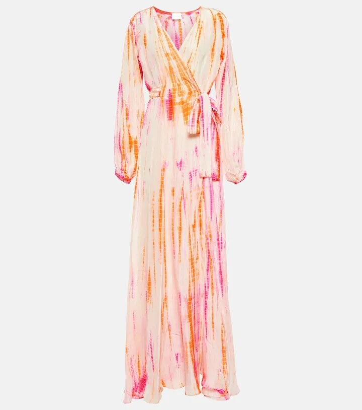 Tie-dyed wrap silk maxi dress