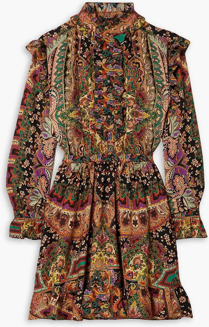 Ruffled paisley-print wool and silk-blend mini dress