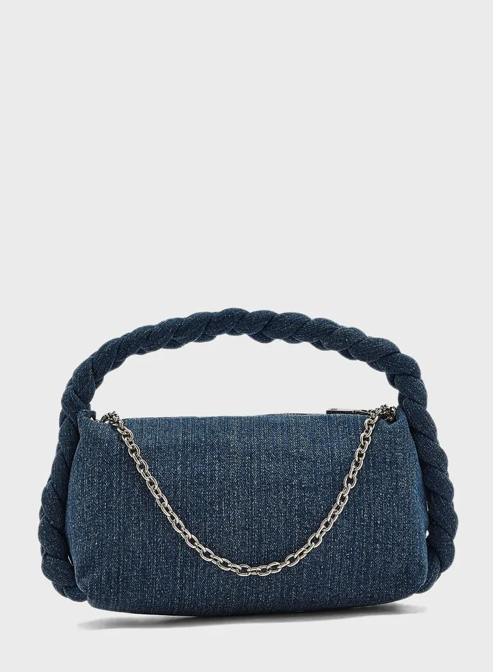 Denim Braided Handle Slouchy Bag